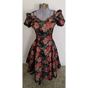 Vtg 90's Karen Lucas Niki Dress Floral Cottage Off Shoulder Formal Y2k XS